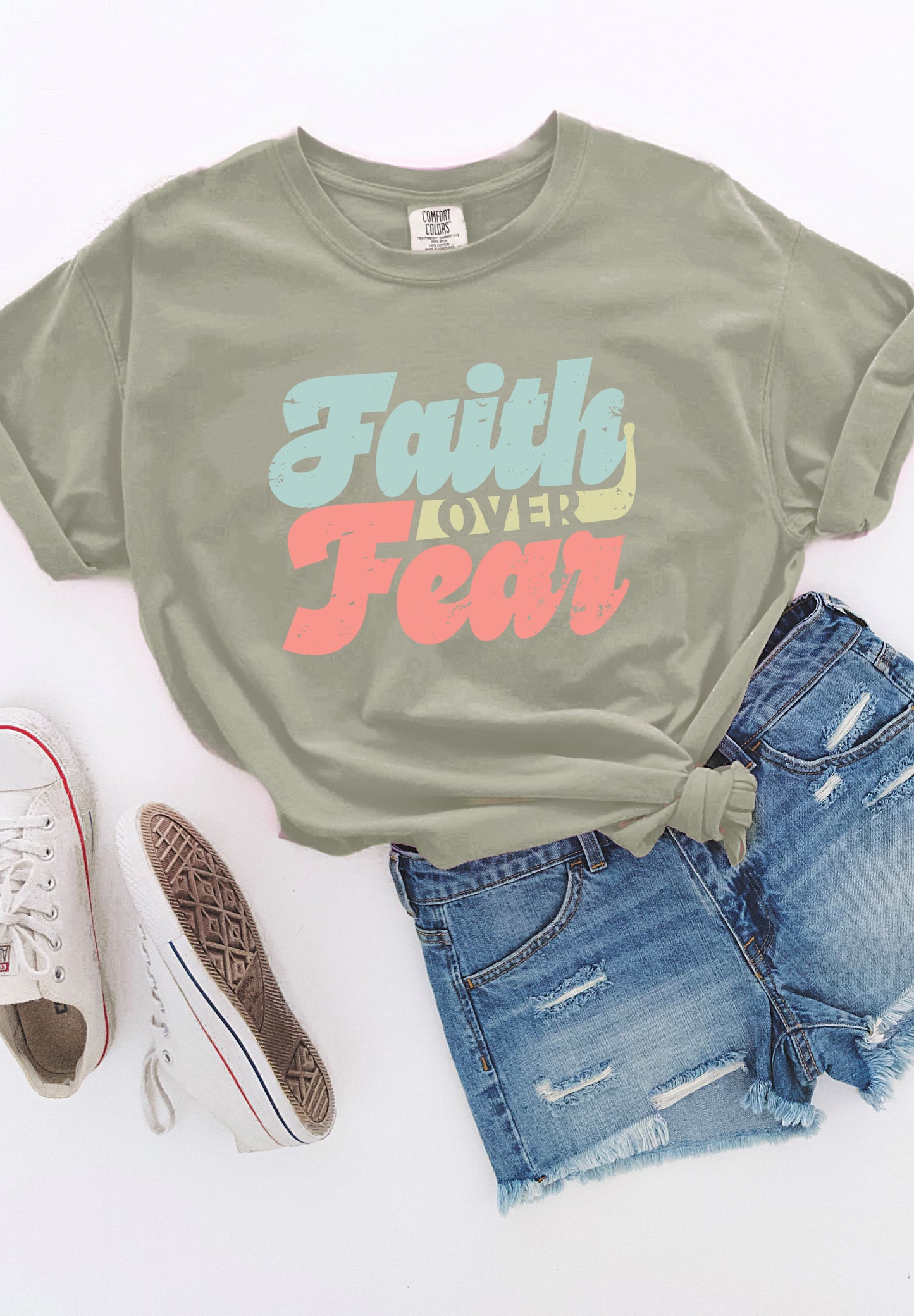 Retro Faith Over Fear Multi-Color Khaki Tee